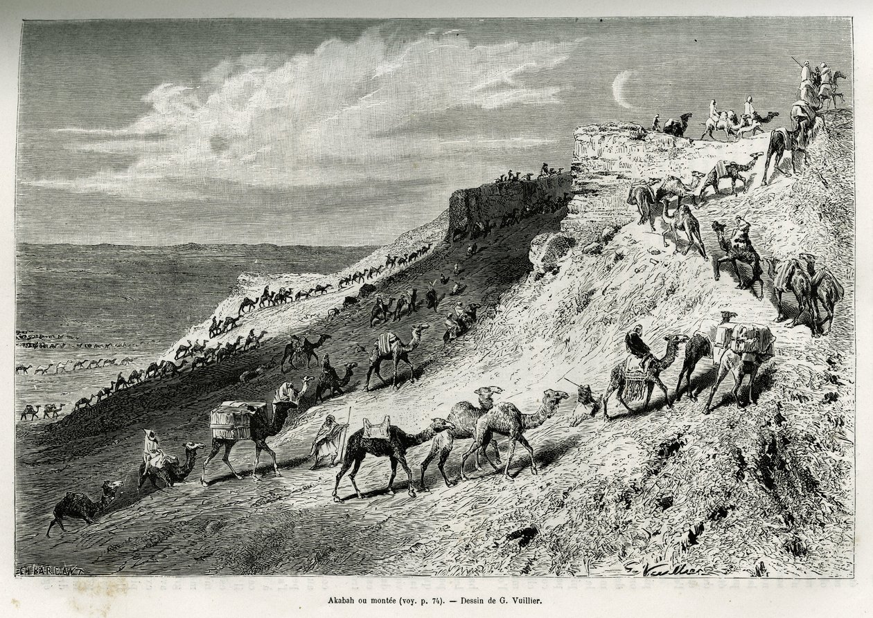 Akabah nebo seřaďte velbloudy z karavany. Rytina G.Vuilliera pro ilustraci příběhu „“ pelerinage au Nedjed, kolébka arabské rasy“ od Lady Anny Blunt, v letech 1878-1879, publikovaná v Tour du monde, pod vedením Edouarda Chartona (1807- 1 od Gaston Vuillier