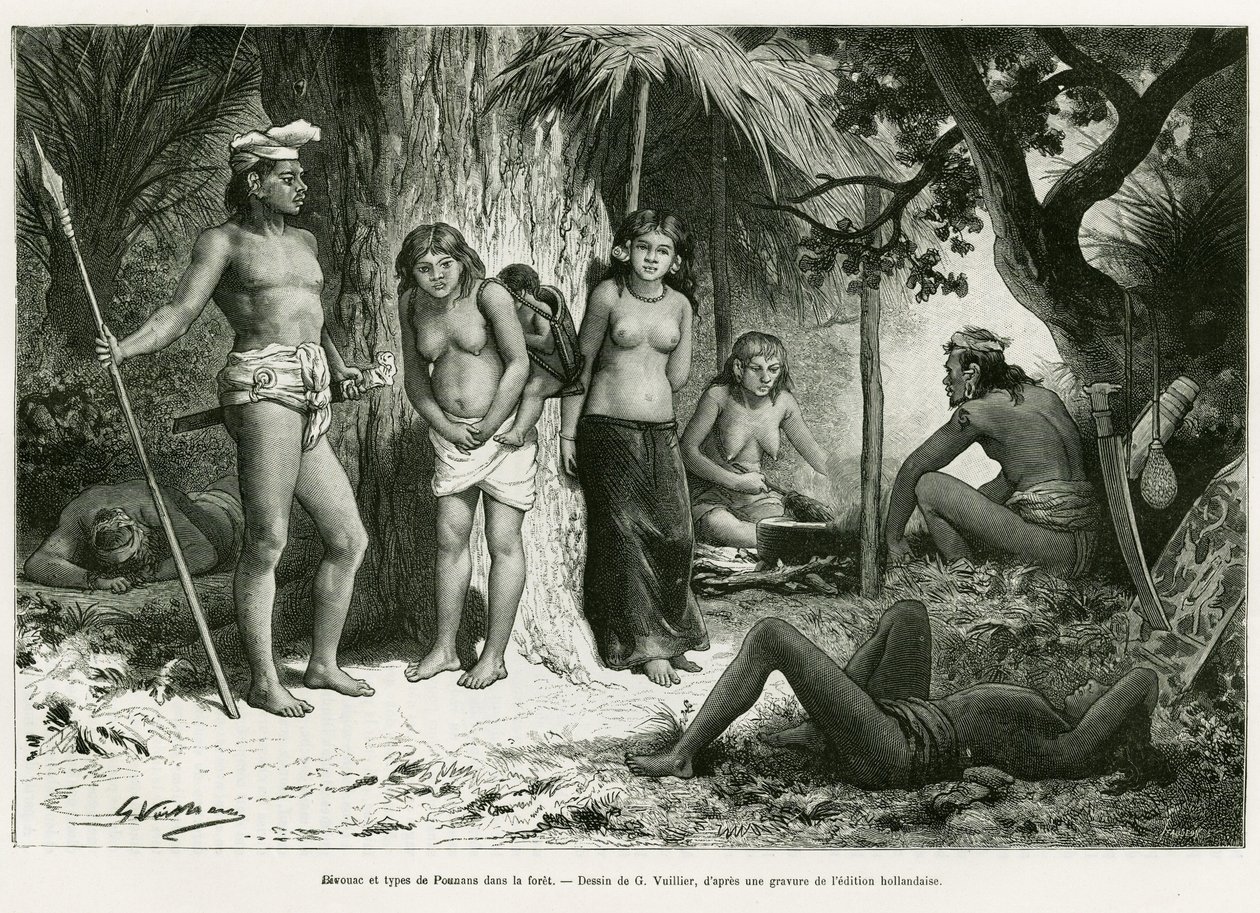 Bivak a druhy plic v lese. Rytina G.Vuilliera k ilustraci příběhu De Koutei a Bandjirmasin, plavba Borneem, od Carla Bocka, in le tour du monde 1890, režie Edouard Charton (1807-1890), Hachette, Paříž. od Gaston Vuillier