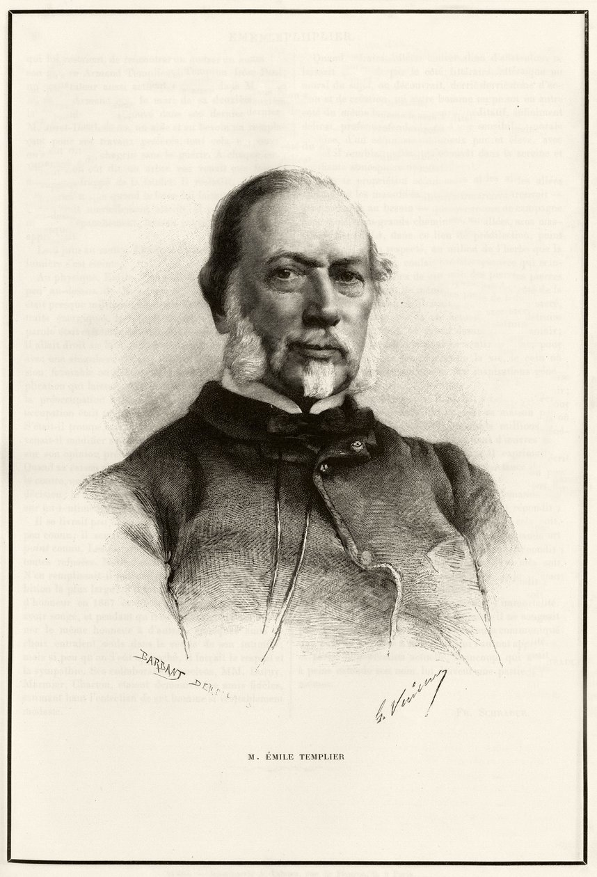 Portrét Emila Templiera (1821-1891), spolupracovníka Louise Hachette (1800-1864), odpovědného za výrobu „Tour du monde“. Rytina G.Vuilliera k ilustraci příběhu „Z Paříže do Tonkinu, přes neznámý Tibet““ od Gabriela Bonvala od Gaston Vuillier