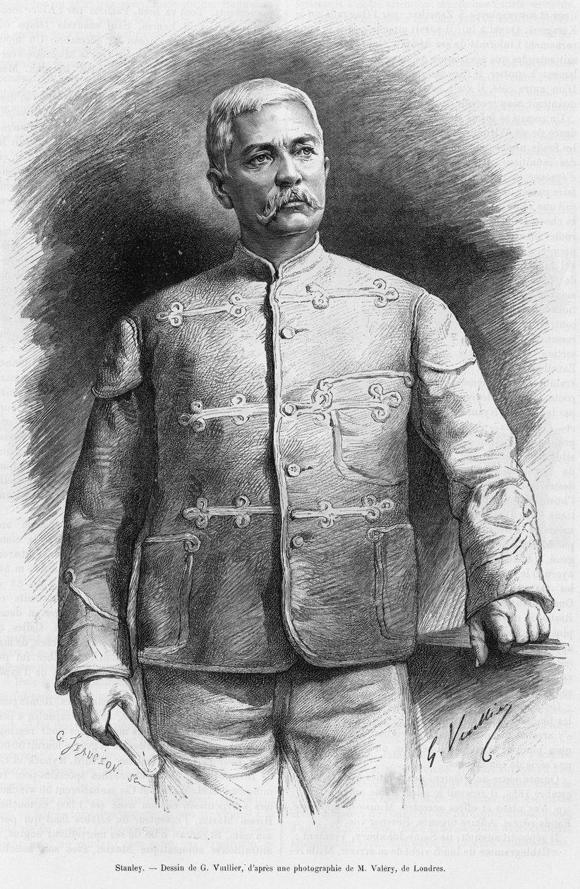 Portrét Henryho Mortona Stanleyho (nar. John Rowlands 1841-1904), novináře a průzkumníka. Rytina G.Vuilliera pro ilustraci příběhu V temnotě Afriky, Objevený výzkum a ústup Emina Paši od Gaston Vuillier
