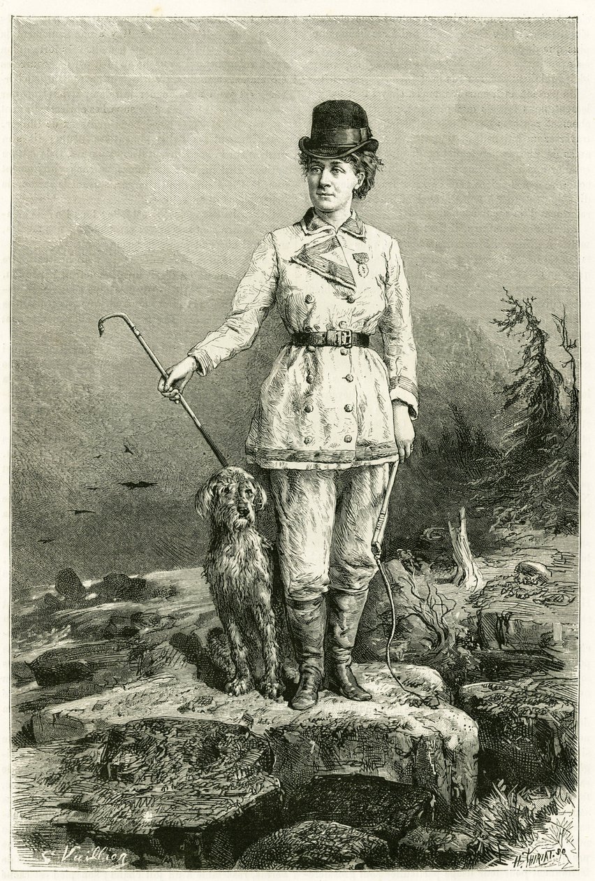 Portrét Madame Marie De Ujfalvy-Bourdon v cestovním oblečení se svým psem, provdané za etnologa lingvistu a badatele Charlese Eugena Ujfalvyho (1842-1904), doprovázela ho na všech jeho výpravách. Rytina G.Vuillier, podle přírody pro ilustraci od Gaston Vuillier