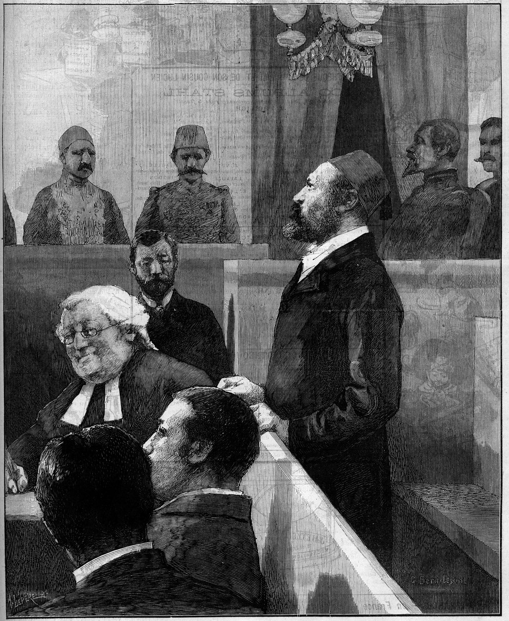 Proces egyptského arabského paši (Orabi paša, Ahmed Urabi) (1841-1911), organizátor protievropského nepokoje v Alexandrii v červnu 1882. Rytina Vuilliera v „“ Le Monde Illustré““ č. 1343 z 13. prosince 1882 . od Gaston Vuillier