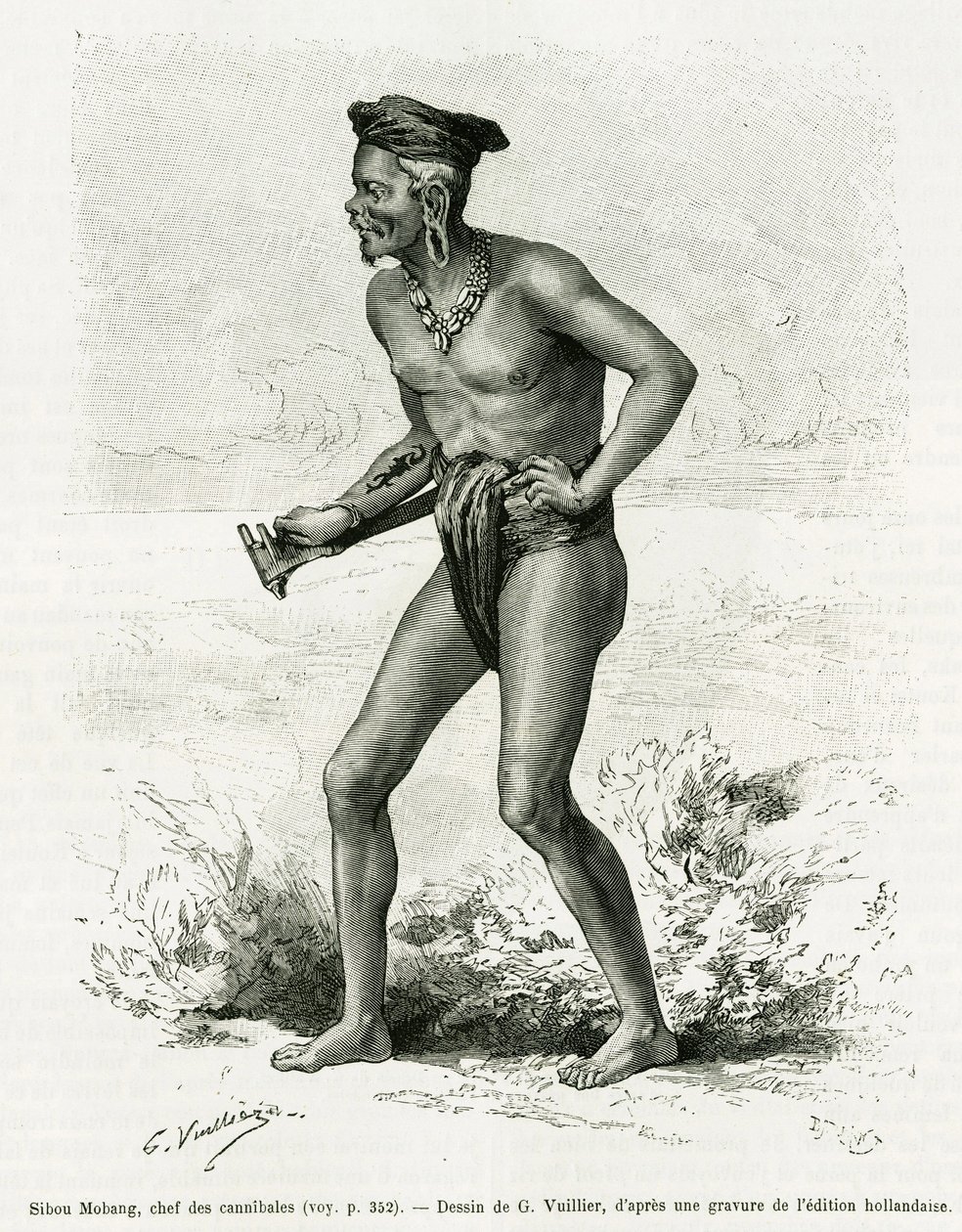 Sibou Mobang, hlava kanibalů. Rytina G.Vuilliera k ilustraci příběhu De Koutei a Bandjirmasin, plavba Borneem, od Carla Bocka, in le tour du monde 1890, režie Edouard Charton (1807-1890), Hachette, Paříž. od Gaston Vuillier