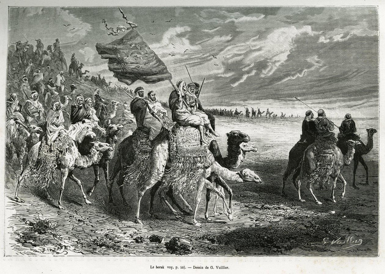 Berak, vlajka Emira Ibn Al Rashida (1872-1890) (Saúdská Arábie). Rytina G.Vuilliera pro ilustraci příběhu „“ pelerinage au Nedjed, kolébka arabské rasy“ od Lady Anny Blunt, v letech 1878-1879, publikovaná v Tour du monde, pod vedením od Gaston Vuillier
