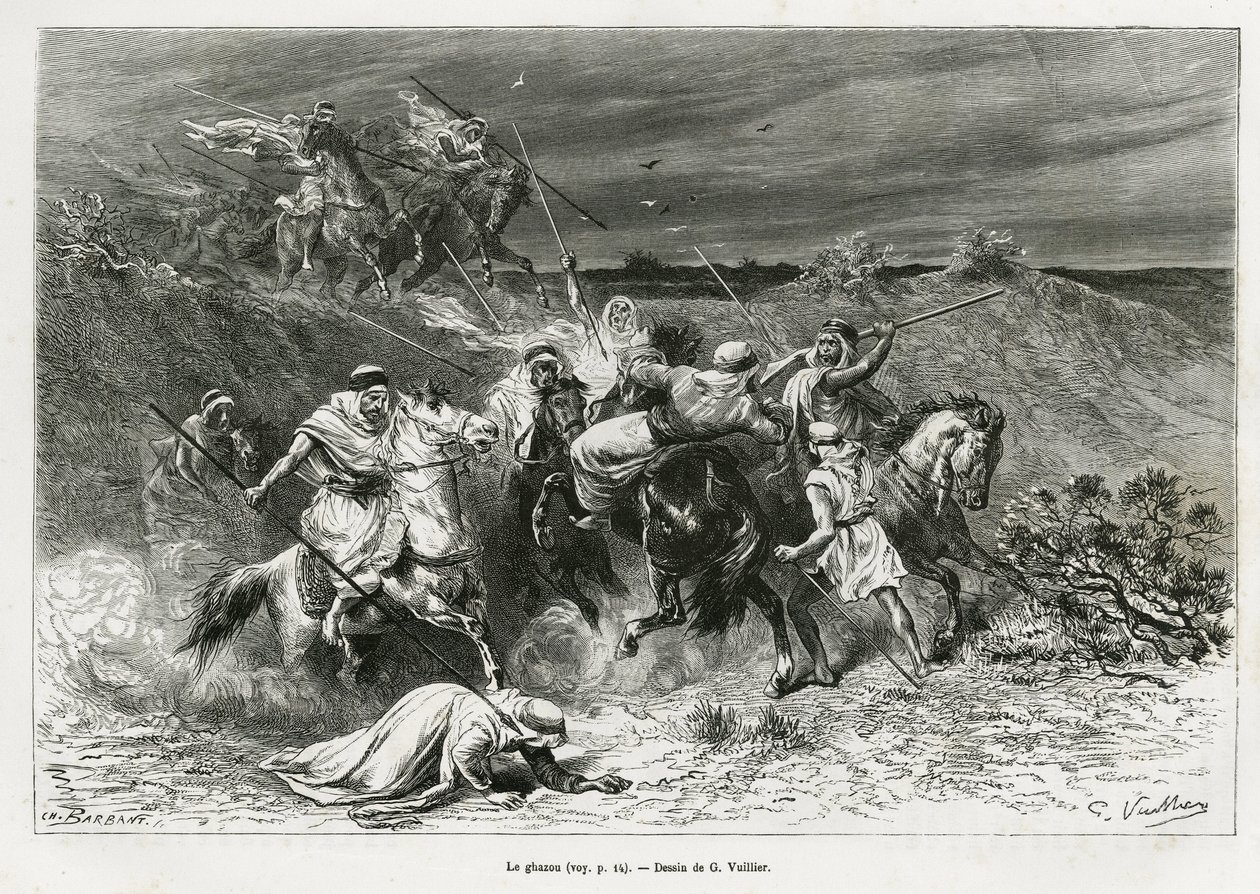 Ghazou nebo razzia, rabující rukou. Rytina G.Vuilliera pro ilustraci příběhu „“ pelerinage au Nedjed, kolébka arabské rasy“ od Lady Anny Blunt, v letech 1878-1879, publikovaná v Tour du monde, pod vedením Edouarda Chartona (1807- od Gaston Vuillier