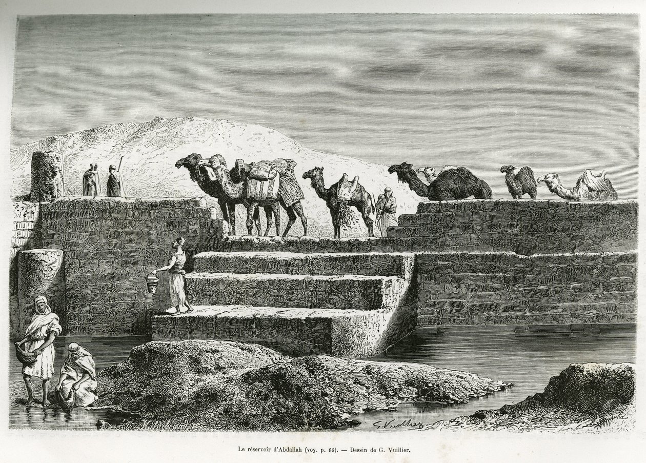 Nádrž Abdallah (Saúdská Arábie). Rytina G.Vuilliera pro ilustraci příběhu „“ pelerinage au Nedjed, kolébka arabské rasy“ od Lady Anny Blunt, v letech 1878-1879, publikovaná v Tour du monde, pod vedením Edouarda Chartona (1807- 18 od Gaston Vuillier