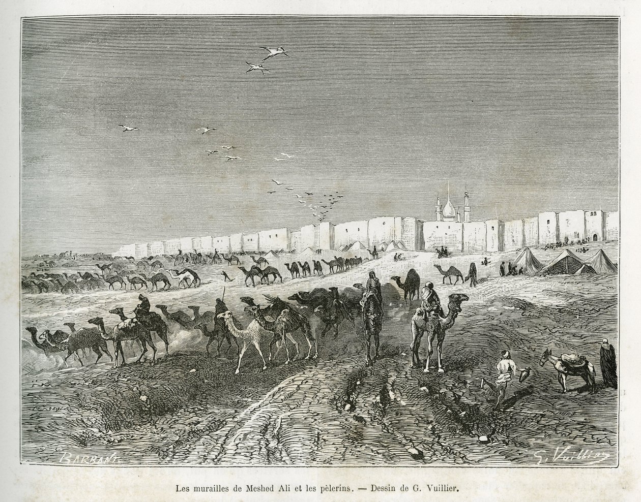 Zdi Meshed Ali (Ali Ibn Abi Talib, zemřel v roce 661, bratranec, žák a zeť Mohameda (570-632)) se nacházejí v mešitě Najaf (Irák) a pelerinové se shromažďují, aby oslavili první a otec všech imámů. Rytina G.Vuillier, do il od Gaston Vuillier