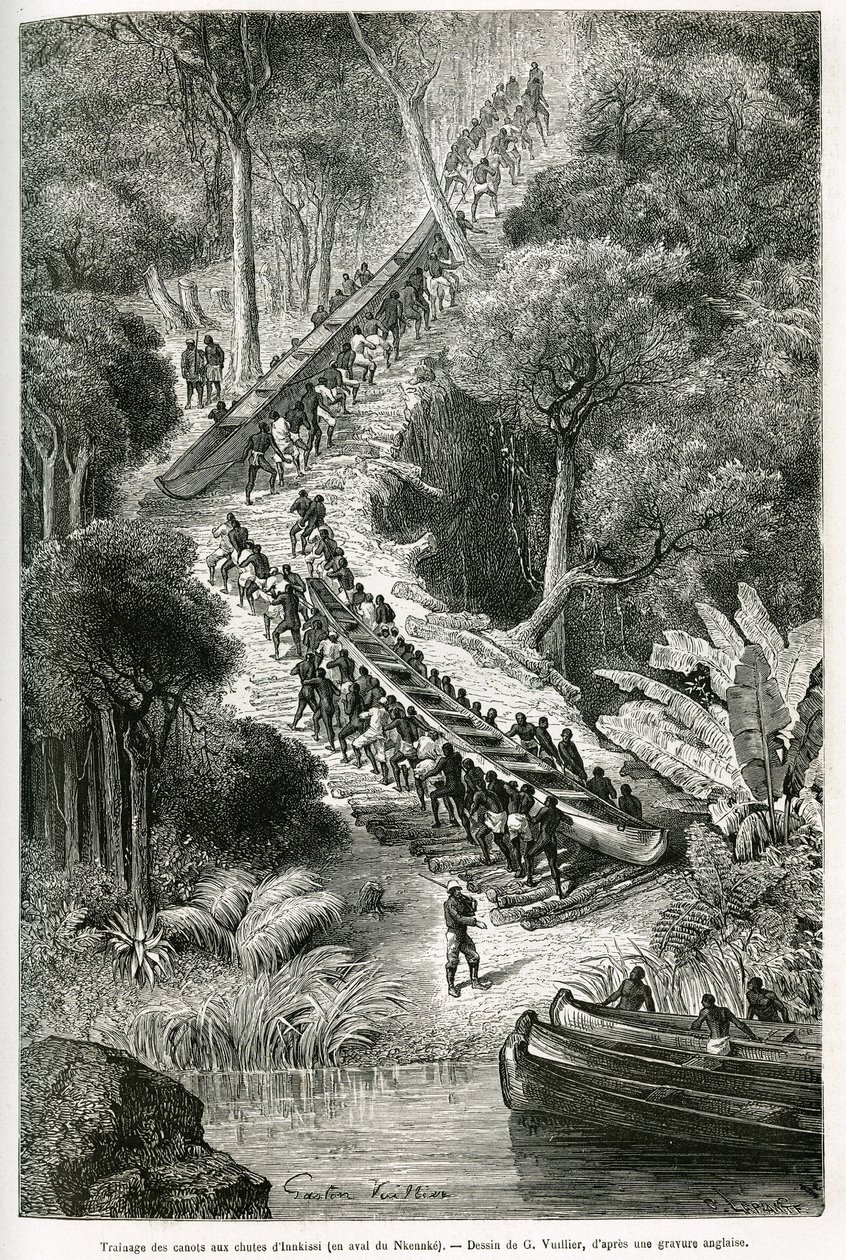 Tažení kánoí u vodopádů Innkissi (nebo Livingstone Falls) (Kongo), pod vedením sira H.M.Stanleyho (1841-1904), kresba G.Vuilliera, pro ilustraci příběhu „Through the Mysterious Continent“, plavba uskutečněná v letech 1874 -1877, Sir H.M.Stanley. E od Gaston Vuillier