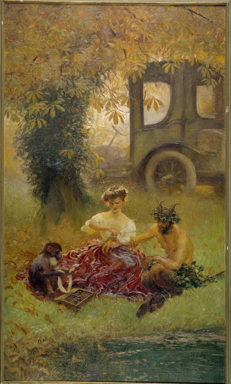 Mladá žena s pomocí opice léčí divokou zvěř (malba) od Gaston de la Touche