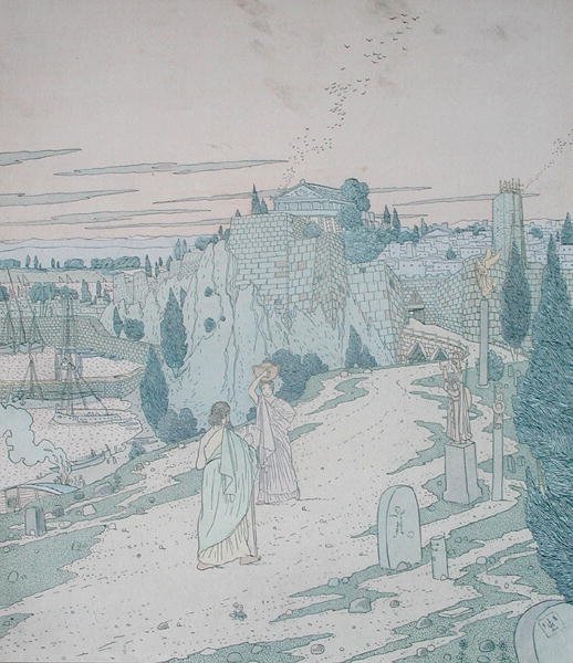 Ulysses se setkává s bohyní Minervou převlečenou za dívku se džbánem, ilustrace z 6. knihy Odyssey, přeložil Lecomte de l