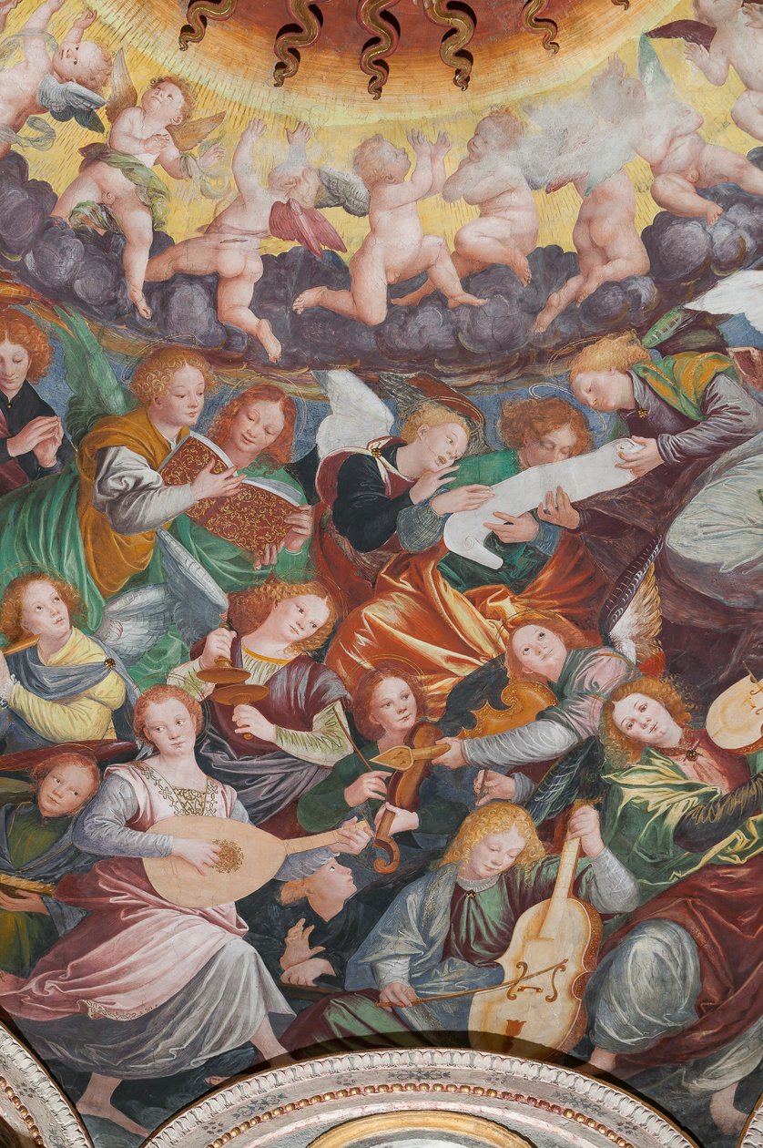 Detail Nanebevzetí Panny Marie, známého jako „Hudební sbor andělů“, Dóm transeptu, z roku 1534 (freska) od Gaudenzio Ferrari