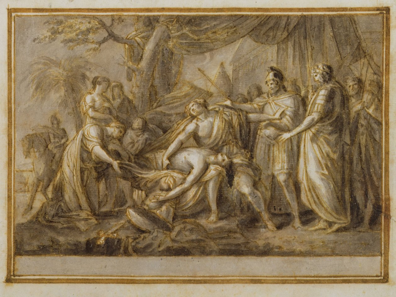 Achilles Lamenting the Death of Patroclus, 1760-63 (pero, inkoust a mytí na papíře) od Gavin Hamilton