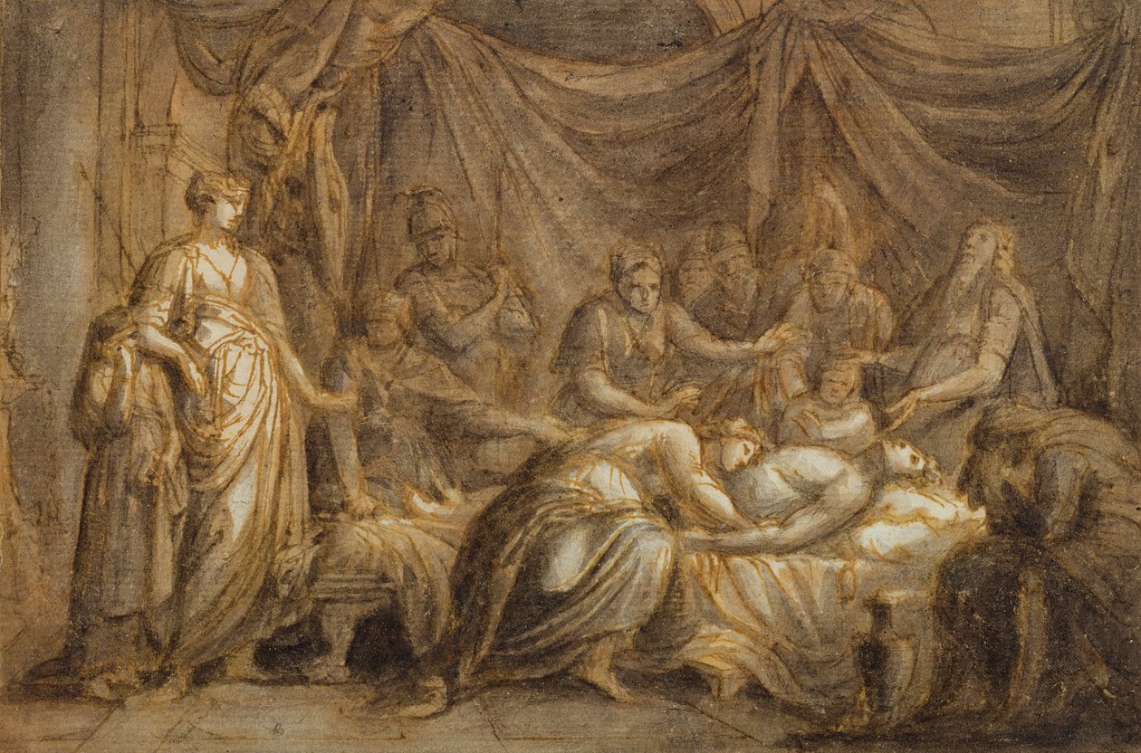 Andromache Mourning the Death of Hector, 1760-63 (pero a inkoust a pero na papíře) od Gavin Hamilton