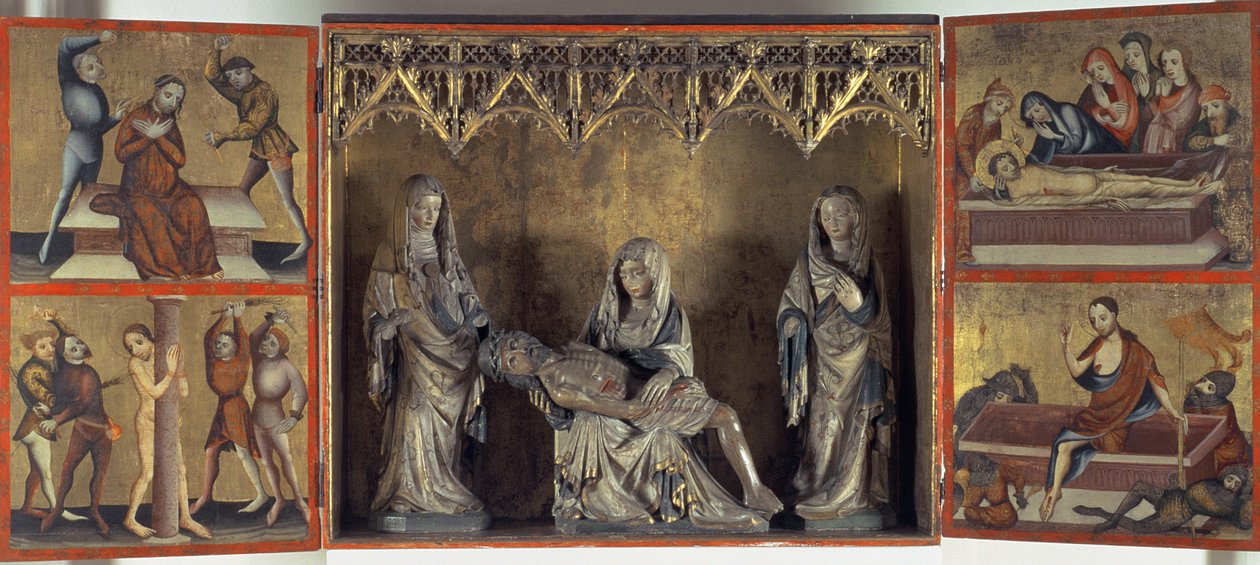 Oltářní obraz Oplakávání a umučení Krista (oltář sv. Alžběty Durynské) kolem roku 1410 (tempera na desce a vápenci) od Gdansk School