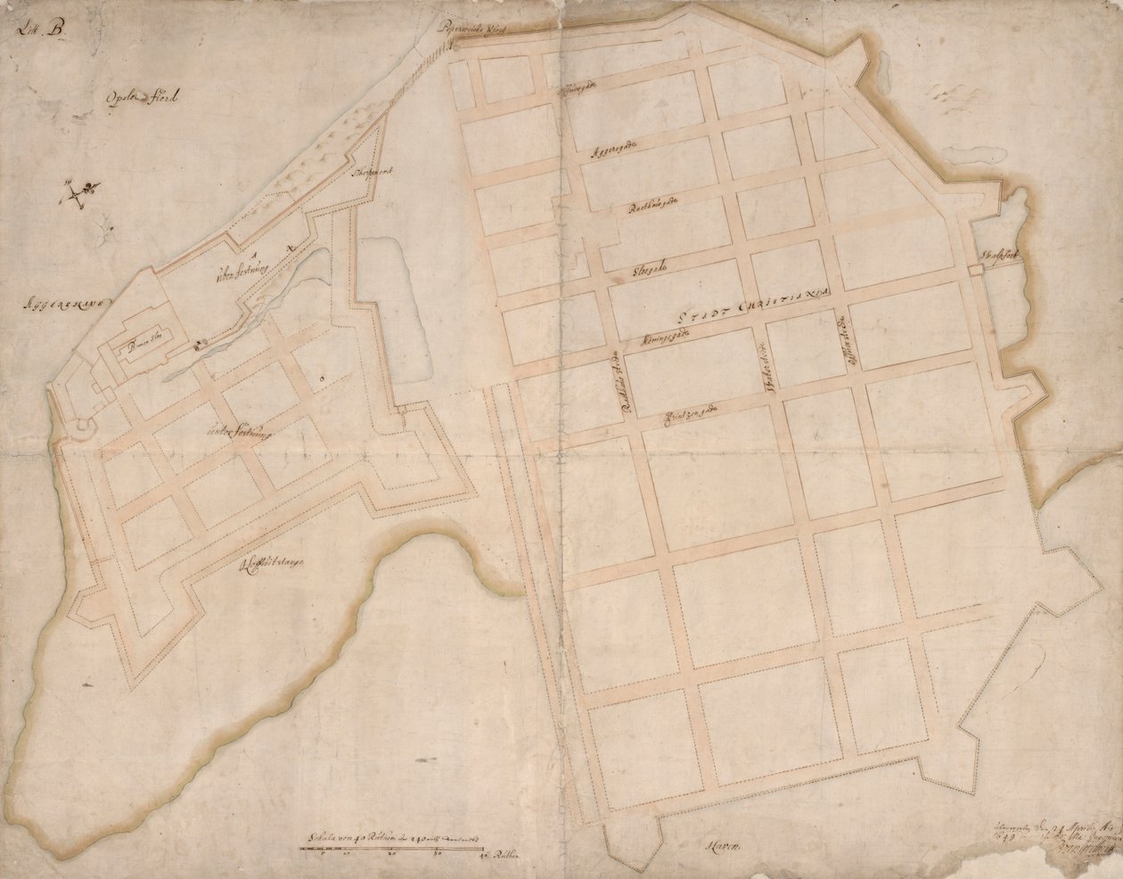 Základní kresba Christiania a Aggershuus od Isaac van Geelkerck