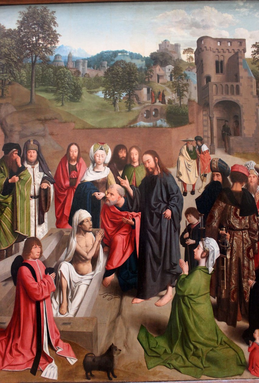 Holandština:  De opwekking van Lazarus Vzkříšení Lazara s dvojicí dárců s jejich dcerou. od Geertgen Tot sint Jans