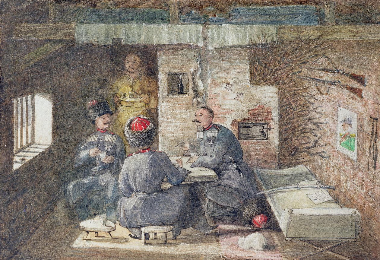 Interiér Cossack Hut v Rusku, 12 mil západně od Kertche, 1855 od General E.W. Wray