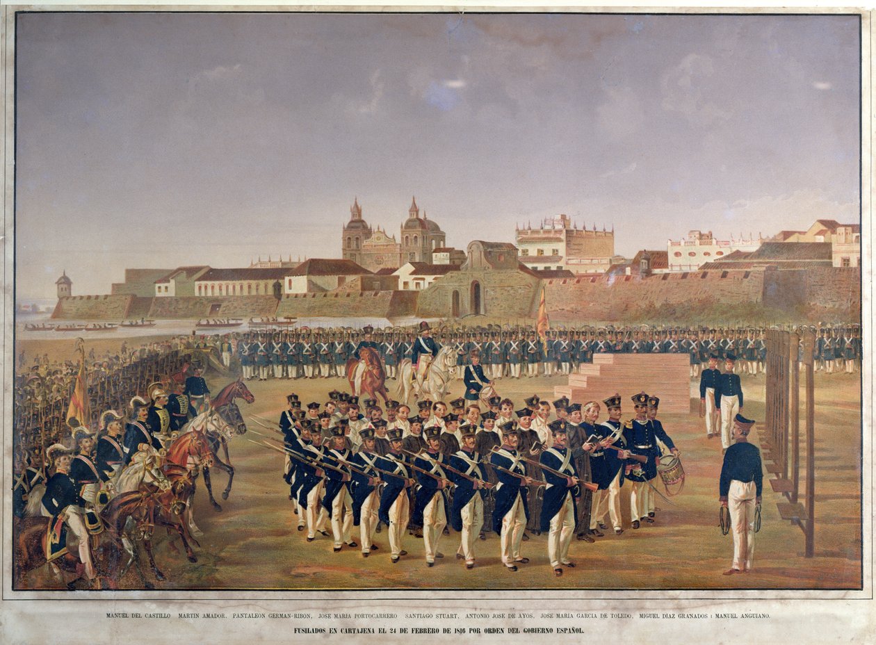 Zastřelení Pantaleona Germana de Ribona a jeho 8 společníků v Cartageně dne 24. února 1816 (barevná rytina) od Generoso Jaspe