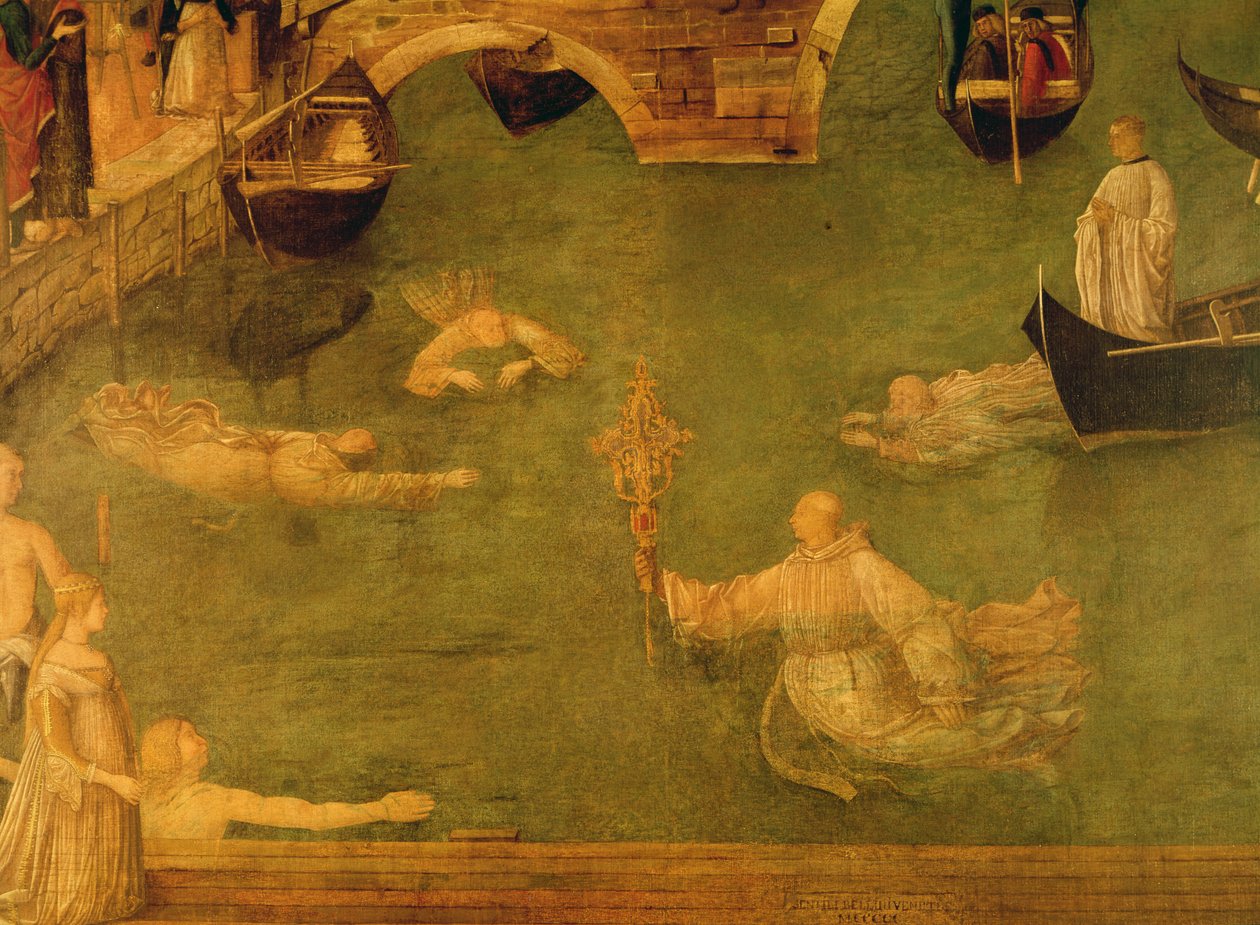 Křížový zázrak u mostu S. Lorenza, detail plavání mnichů, 1500 temper na plátně od Gentile Bellini