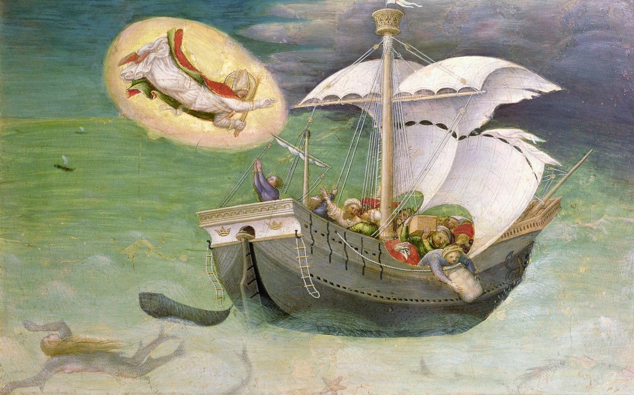 Mikuláš zachraňuje loď před vraky, panel predella z oltáře Quaratesi, 1425 (tempera na panelu) od Gentile da Fabriano