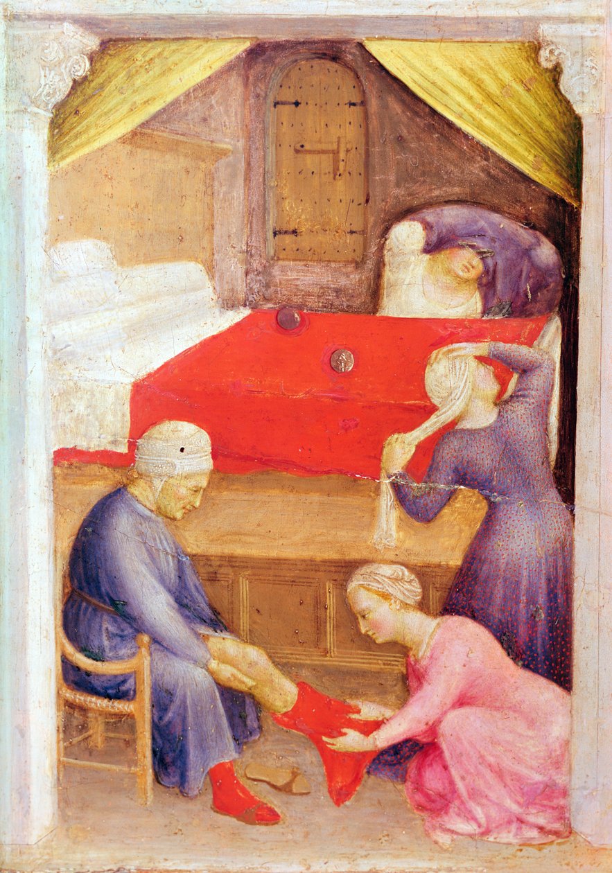 Svatý Mikuláš a tři ubohé panny, detail z panelu predella oltáře Quaratesi, 1425 (tempera na panelu) od Gentile da Fabriano
