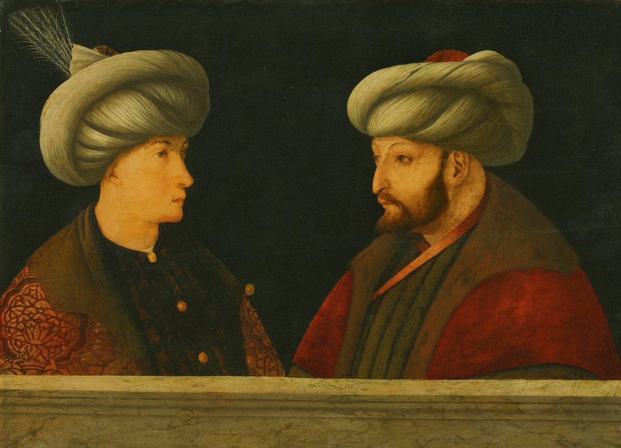 Portrét sultána Mehmeda II (1432-81) s mladým hodnostářem (olej na dřevě) od Gentile (school of) Bellini