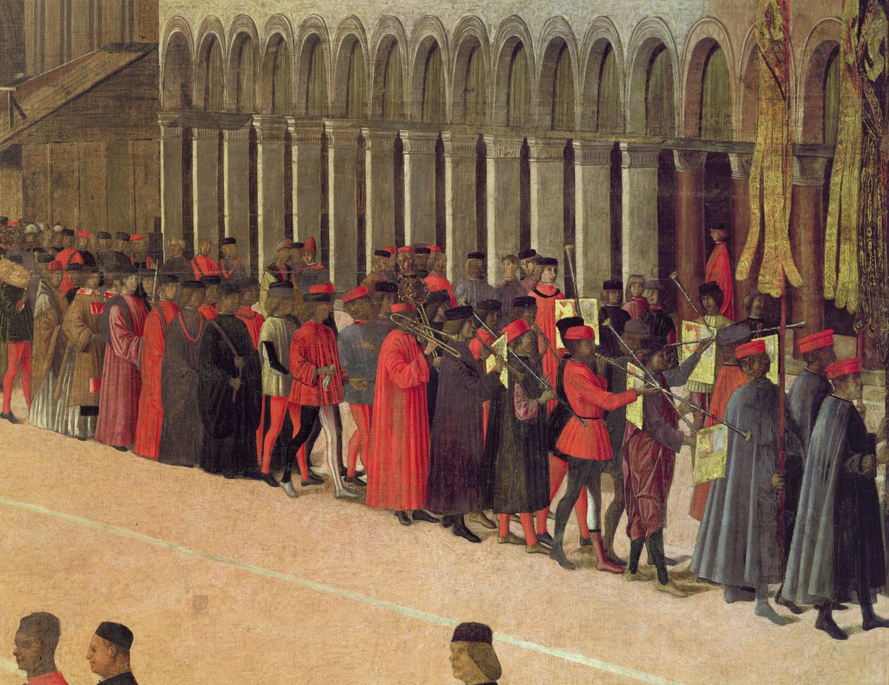 Procesí na náměstí sv. Marka, detail hudebníků, 1496 detail olej na plátně z 59423 od Gentile Bellini