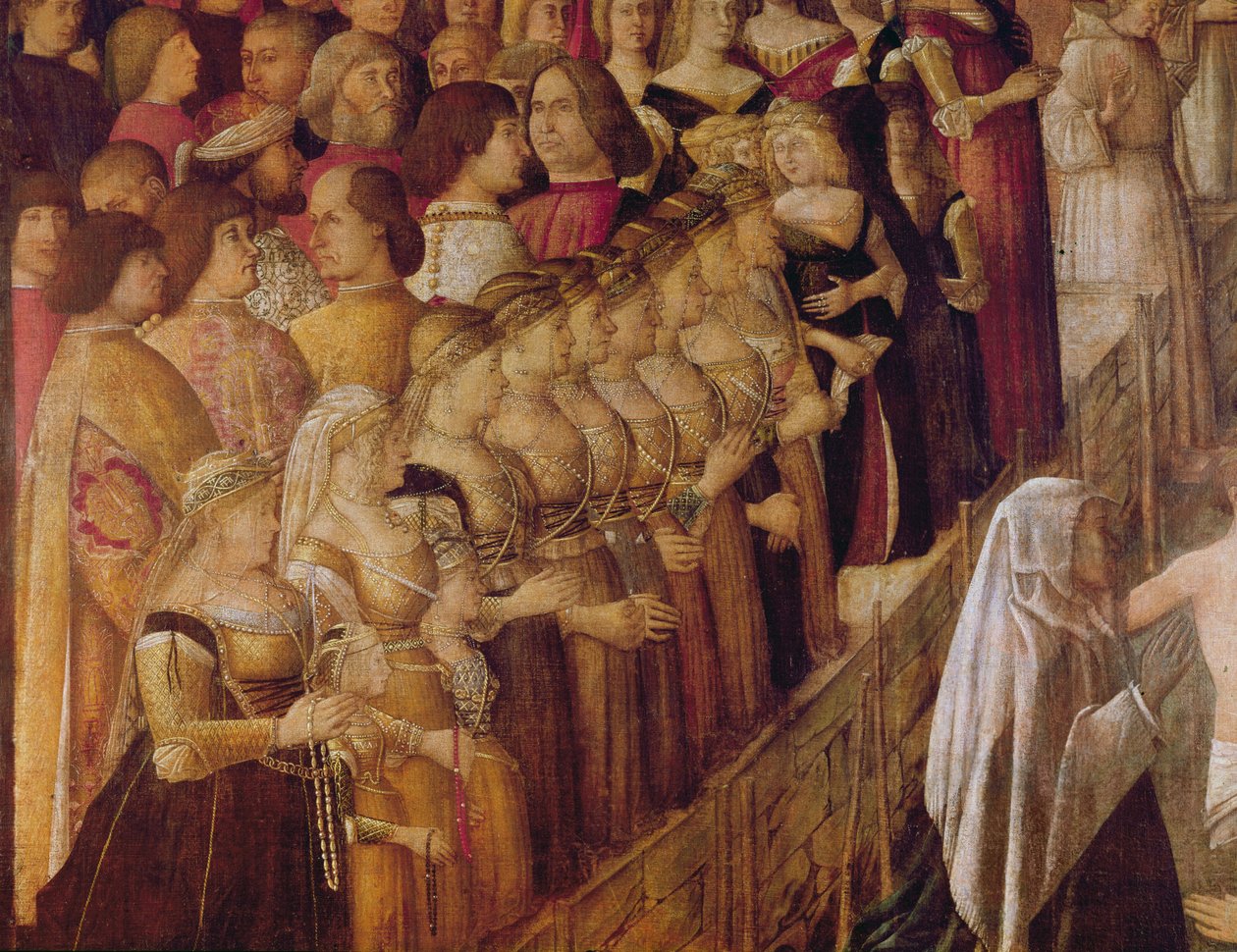 Zázrak kříže na mostě svatého Lorenza, detail skupiny čekajících dam Catherine Cornaro a části davu, 1500 (tempera na plátně) od Gentile Bellini