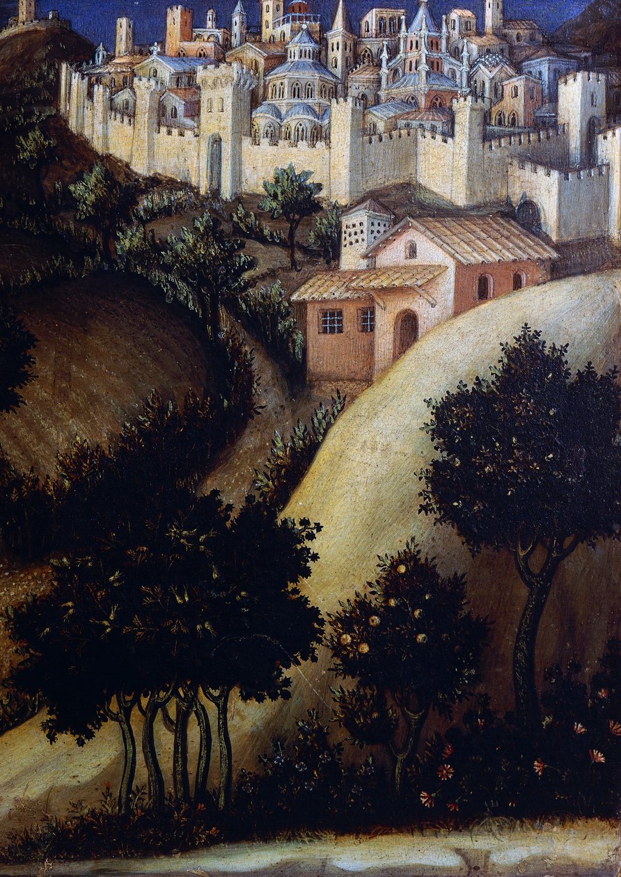 Oltářní obraz Klanění mudrců, detail středového panelu predely z Egypta od Gentile da Fabriano