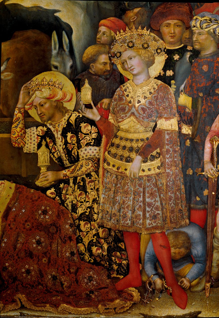 Oltářní obraz Klanění tří králů (Pala Strozzi) Detail představující dva krále. Obraz Gentile da Fabriano (Gentile di Niccolo) (1370-1427) 1423 Sun. Rozměr 173 x 220 cm. Tempera na dřevě. Florencie, Galleria degli Uffizi (Uffizi) od Gentile da Fabriano