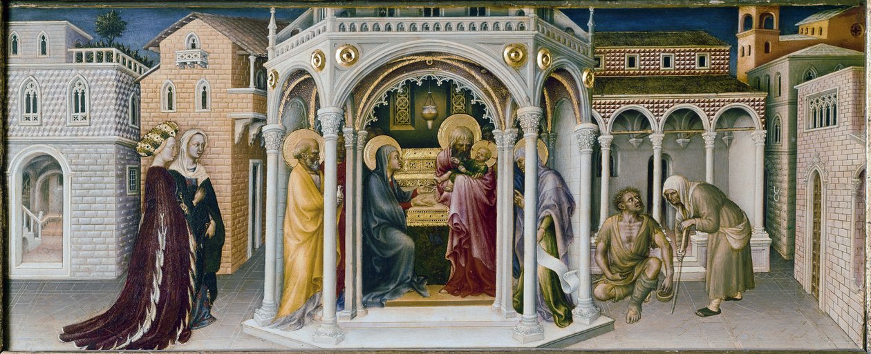 Oltářní obraz Klanění tří králů: detail prezentace v chrámu - predelle (olej na panelu od Gentile da Fabriano