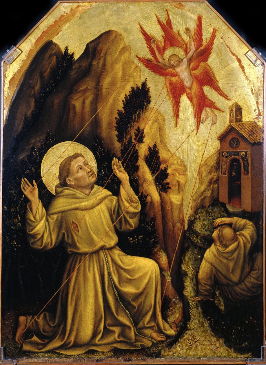 Saint Francois - Svatý František přijímá Stigmata par Gentile da Fabriano (asi 1370-1427). Tempera na panelu, rozměr: 87x64, c.1420, Magnani Rocca Foundation, Mamiano di Traversetolo od Gentile da Fabriano