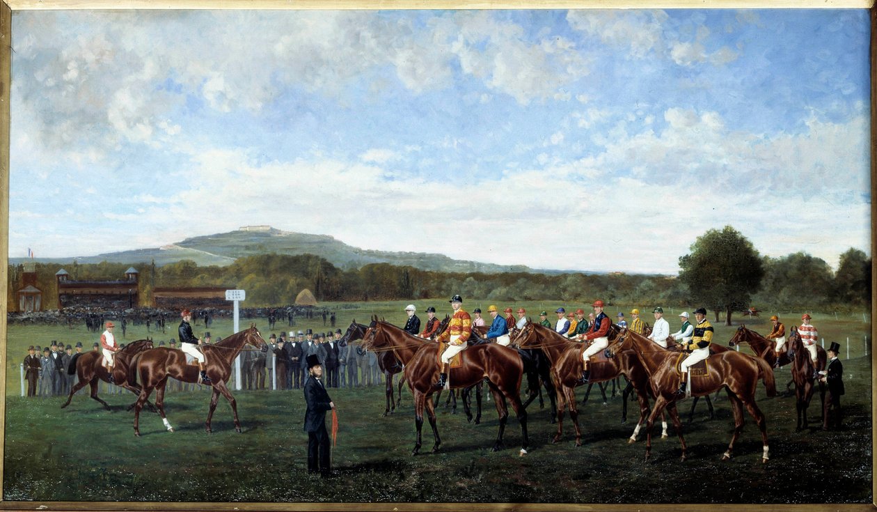 Odjezd v Longchamp daný baronem Foyem v roce 1877 Nastavení koní na start dostihu na dostihové dráze. Obraz Geo Arnull (19. století) 1877. Paříž, Povzbuzení společnosti od Geo Arnull