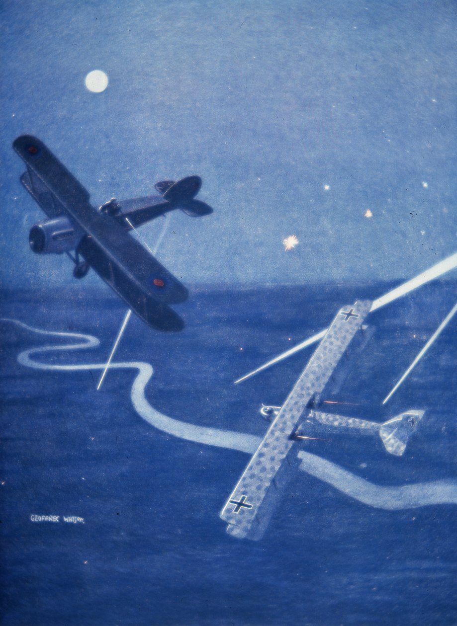 Stíhačka Bristol útočí v noci nad Londýnem na německý bombardér Gotha (barevně lito) od Geoffrey Watson