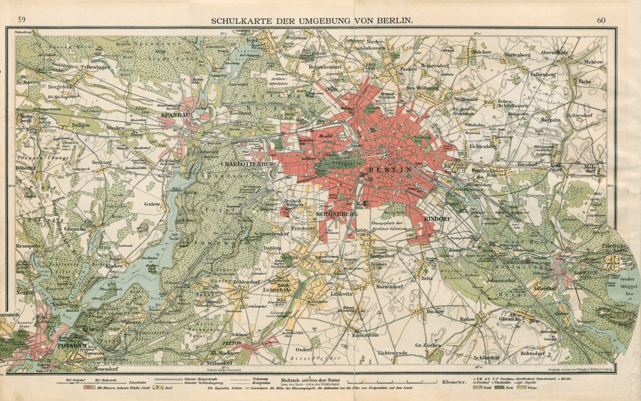 Školní mapa oblasti kolem Berlína od Geographische Anstalt von Velhagen und Klasing