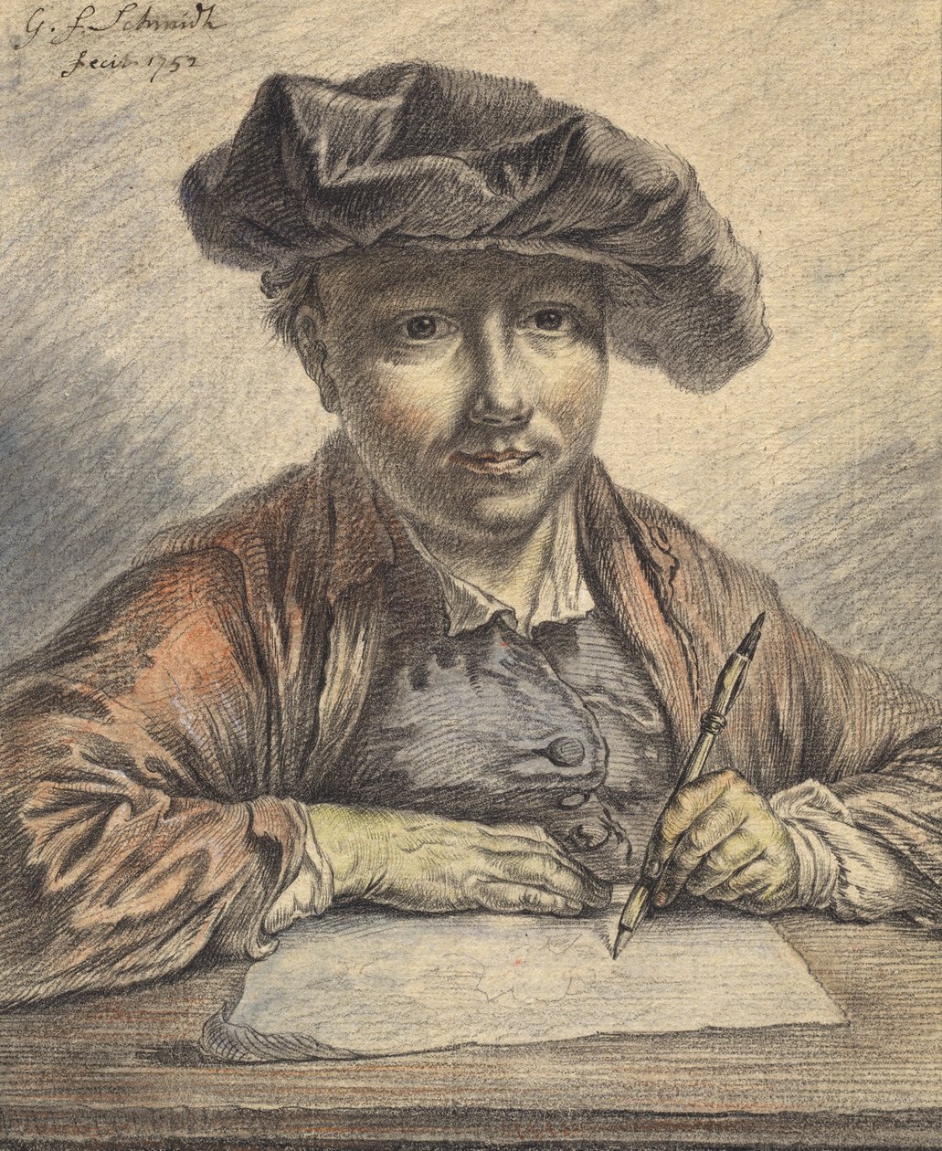 Autoportrét Sketching, 1752 (černá a červená křída s akvarelem, pastelem, perem a černým inkoustem) od Georg Friedrich Schmidt