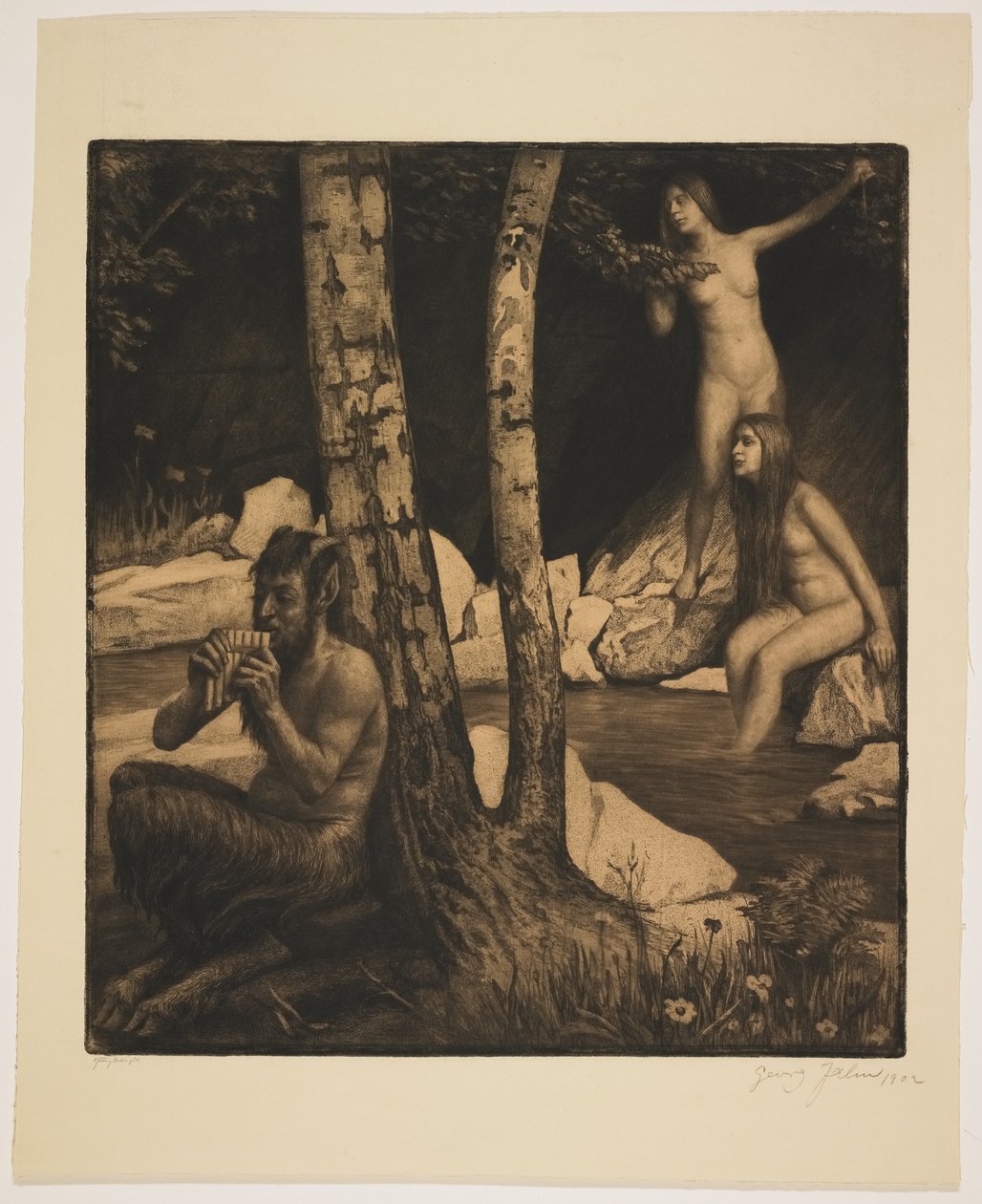 Flötender Faun (lept a mezzotinta) od Georg Jahn