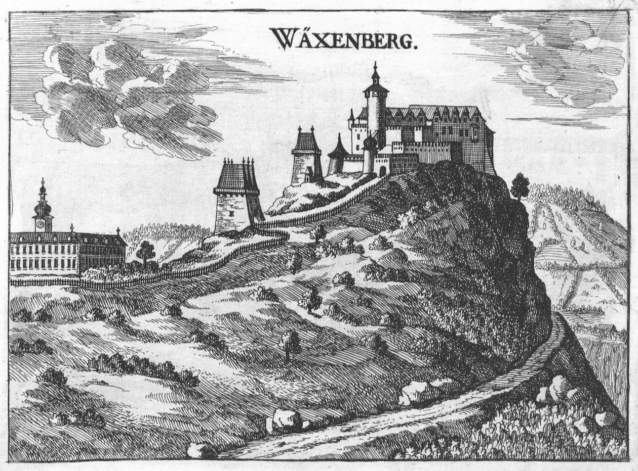 Zámek Waxenberg v Horním Rakousku, kresba od M. Vischera 1674 od Georg Matthaus Vischer