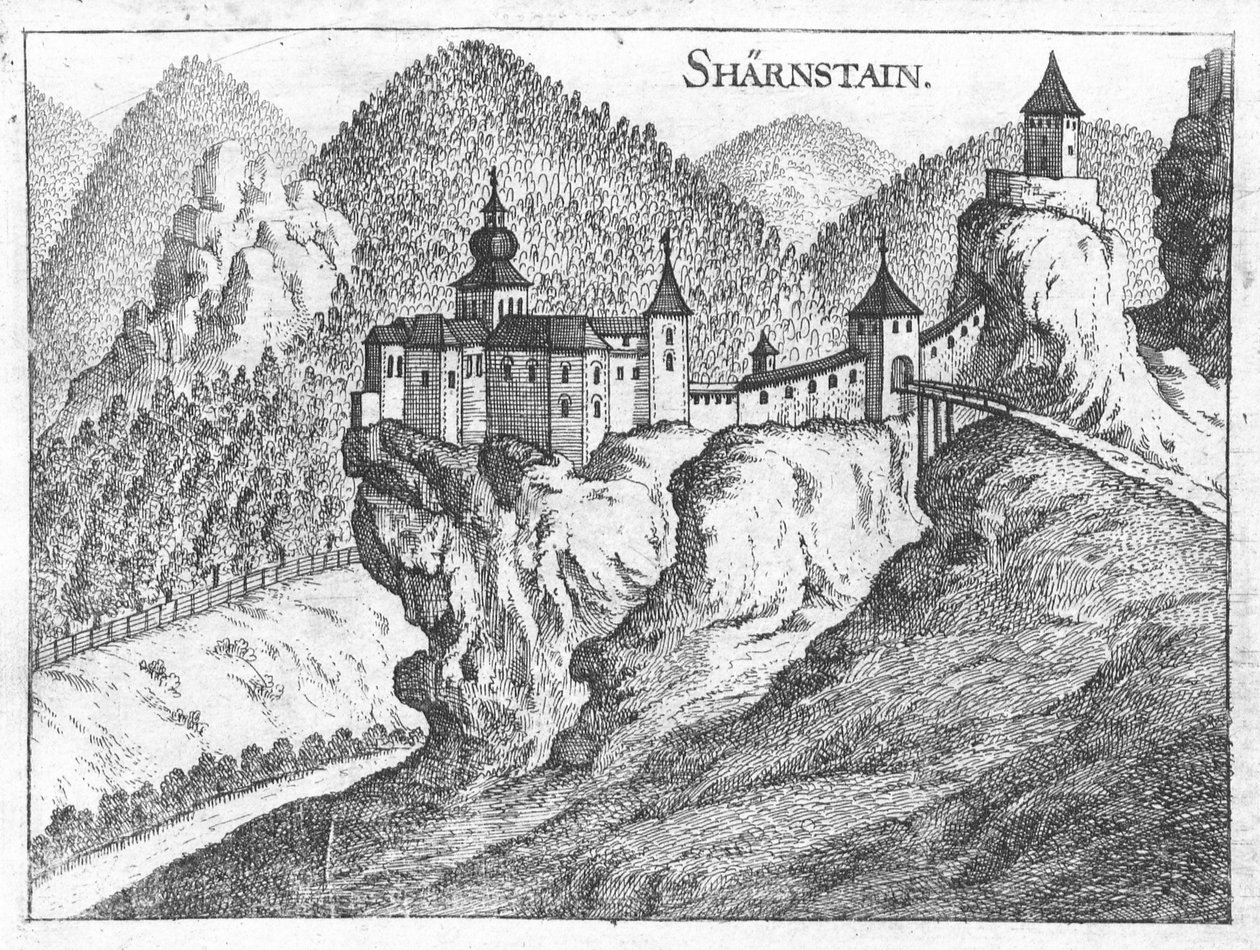 Rytina, pohled na hrad Scharnstein, Horní Rakousko od Georg Matthaus Vischer