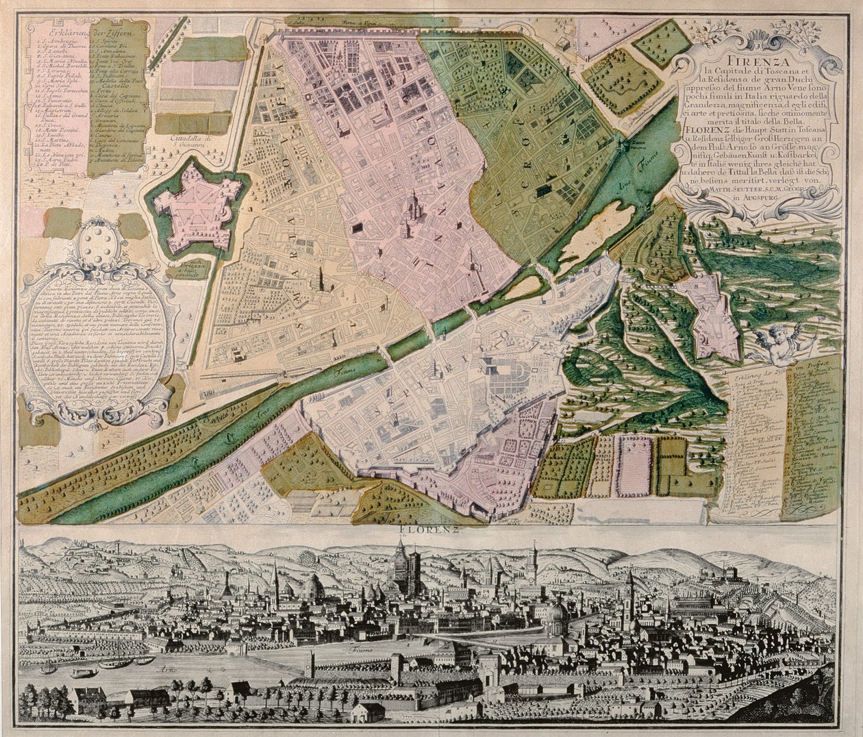 Mapa Florencie s perspektivním pohledem, 1750 od Georg Matthäus Seutter