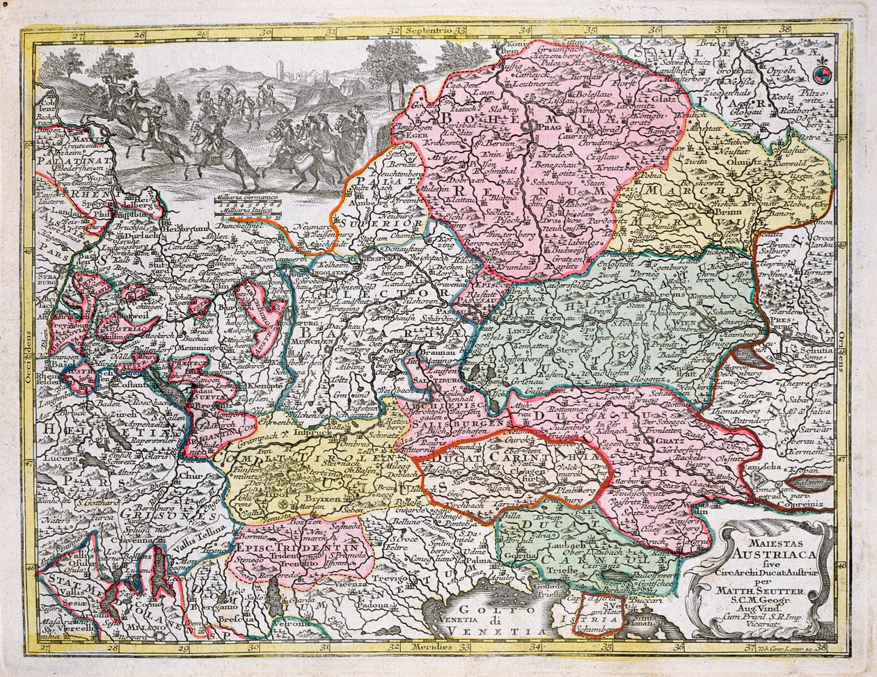 Mapa Rakouského císařství, kolem roku 1750 (barevná rytina) od Georg Matthäus Seutter