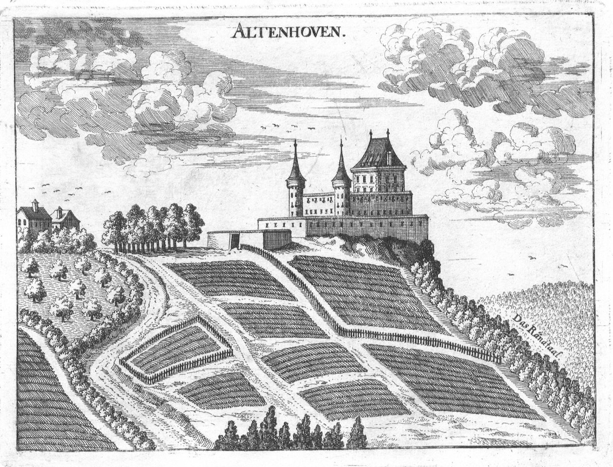 Rytina, pohled na hrad Altenhof, Horní Rakousy od Georg Matthaus Vischer