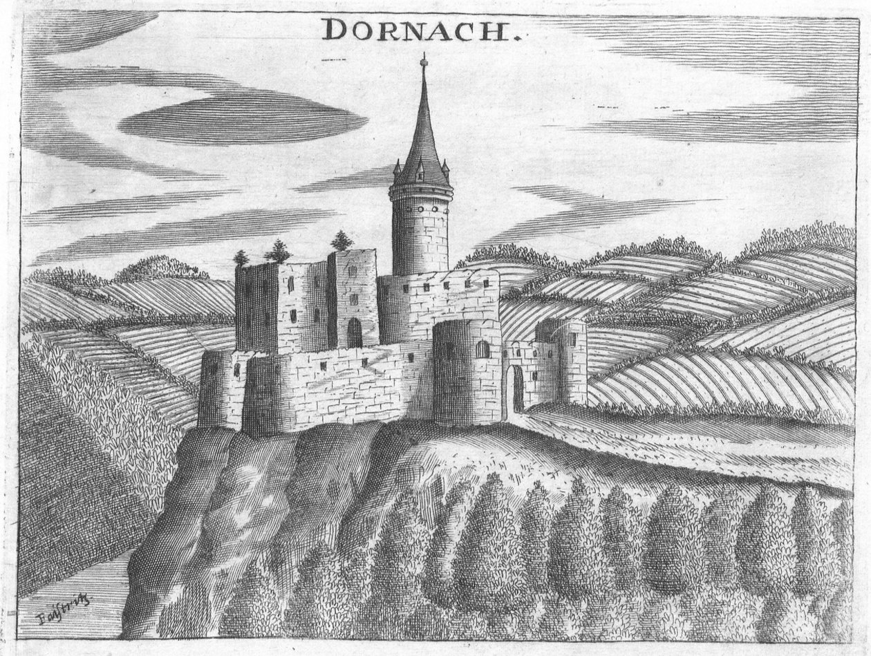 Rytina, pohled na hrad Dornach, Horní Rakousko od Georg Matthaus Vischer