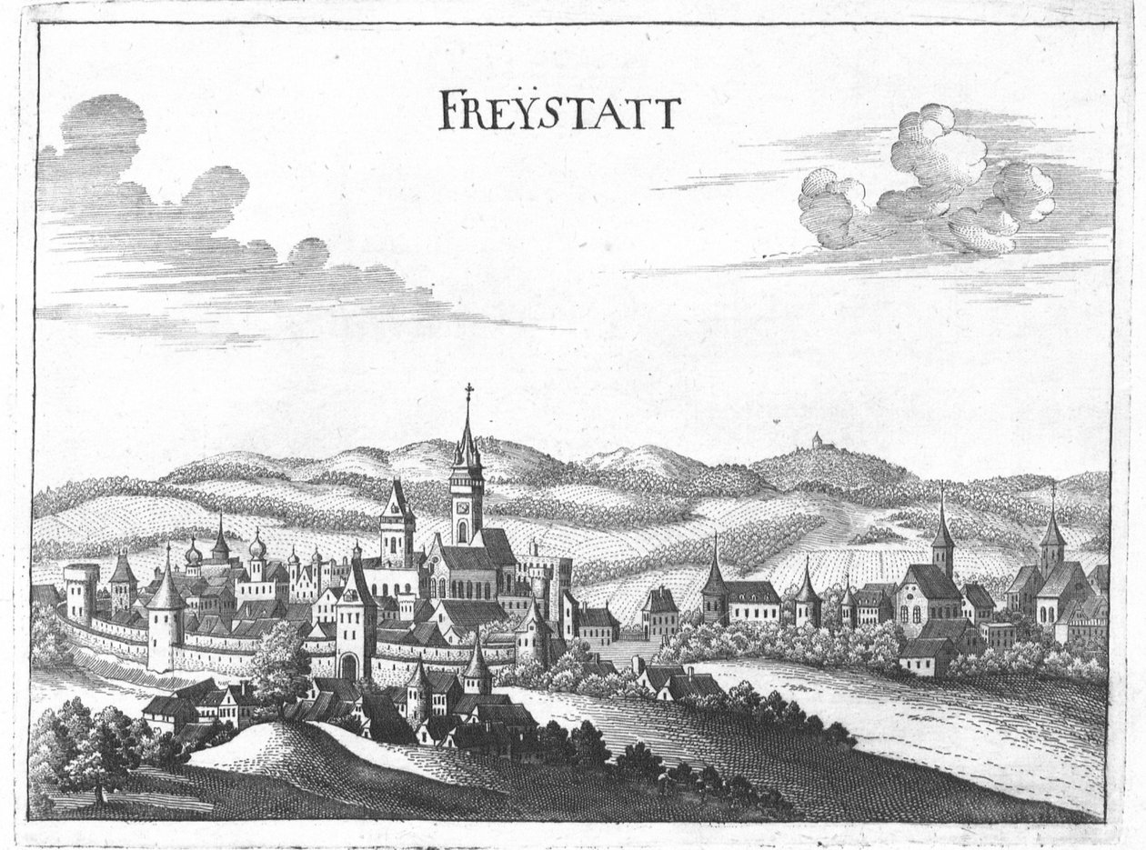 Rytina, pohled na Freistadt, Horní Rakousko od Georg Matthaus Vischer