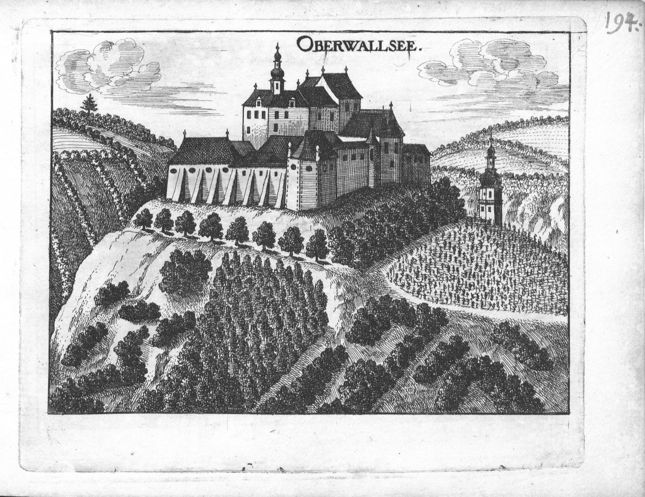 Rytina, pohled na hrad Oberwallsee, Horní Rakousy od Georg Matthaus Vischer