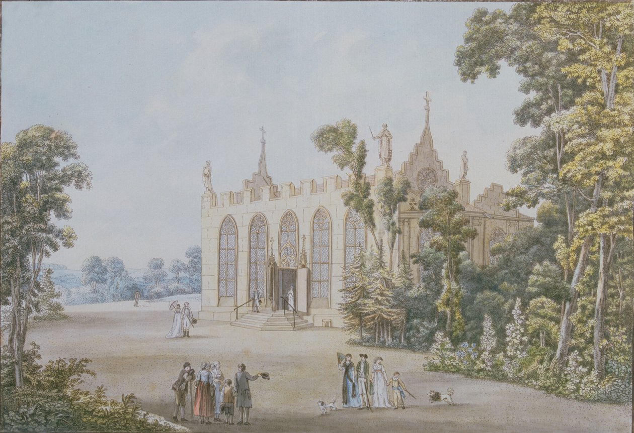 Gotická kaple ve vévodském parku u Výmaru, 1798 (barevná rytina) od Georg Melchior Kraus