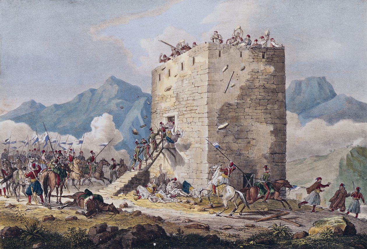 Odpor čtyřiceti řeckých rebelů ve věži v Thébách v roce 1833 od Georg Melchior Kraus