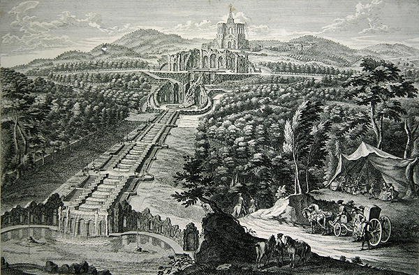 Pohled přes oktagon a kaskády, vyryto W.C. Mayr (mědirytina a lept) od Georg (after) Finck or Fuenck