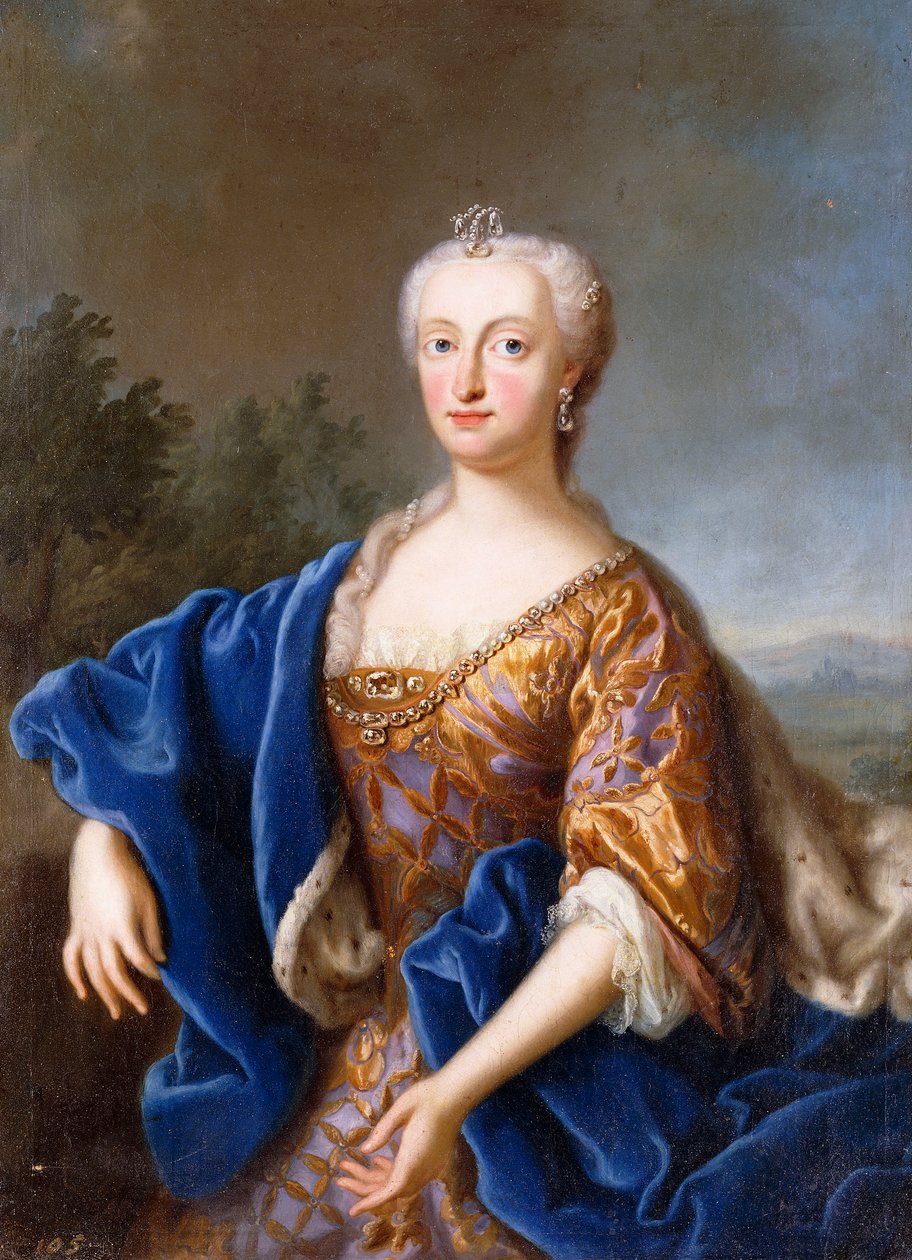 Portrét Marie Amálie, stojící tříčtvrteční, na sobě vyšívané šaty (olej na plátně) od Georg (circle of) Desmarees