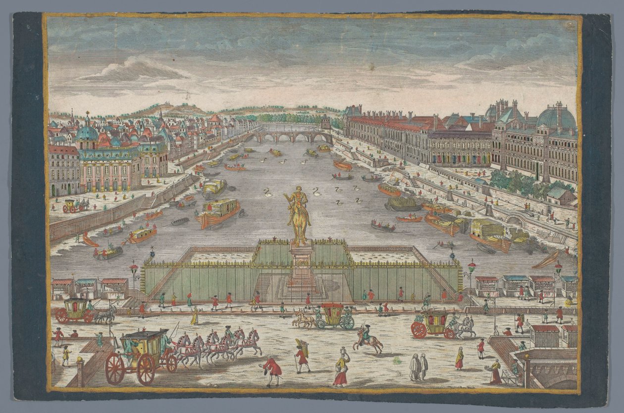 Pohled na Pont Neuf přes řeku Seinu v Paříži, při pohledu na Pont Royal Gesicht der Neuen Bruck, gegen der Königl. Bruck zu Paris od Georg Balthasar Probst (possibly)